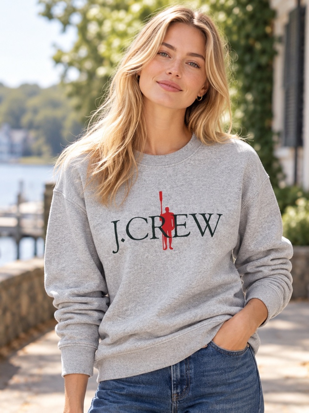 J.Crew Rower Logo Sweatshirt Gray Fleece Oarsman Oversized Preppy Medium